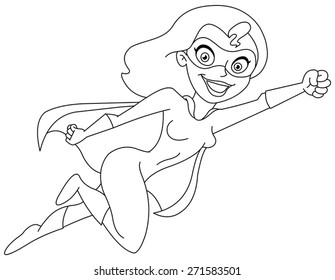 Outlined super heroine. Vector illustrations coloring page.