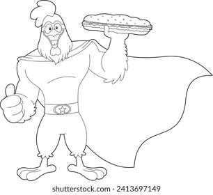 El personaje de la caricatura de gallo de SuperHero es el mejor sándwich. Ilustración dibujada a mano vectorial aislada en fondo transparente