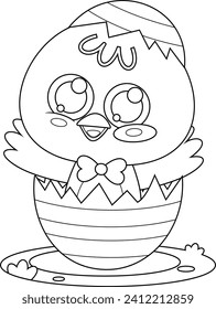 Outlined Surprise Cute Chick Cartoon Character Out Of An Egg Shell. Vector Hand Drawn Illustration Isolated On Transparent Background
