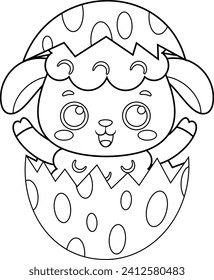 Outlined Surprise Cute Little Sheep Cartoon Character Out Of An Egg Shell. Vector Hand Drawn Illustration Isolated On Transparent Background