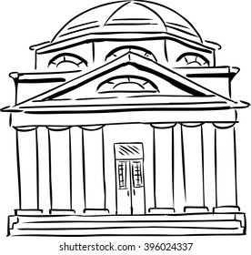 Outlined synagogue sketch with curved windows and single door