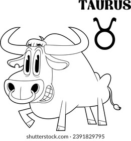 Outlined Taurus Cartoon Character Horoscope Zodiac Sign. Vector Hand Drawn Illustration Isolated On Transparent Background