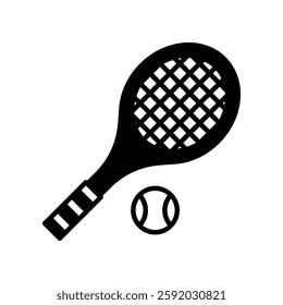 Outlined Tennis Racket Icon With Tennis Ball on White Background