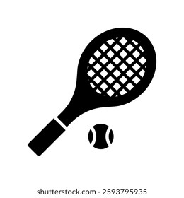 Outlined Tennis Racket Icon With Tennis Ball on White Background