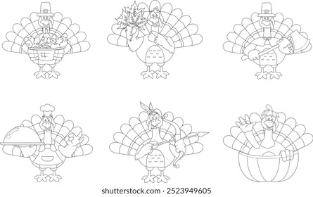 Umrissene Thanksgiving Türkei Vogel Cartoon Charakter. handgezeichneter Vektorkollektionssatz einzeln auf transparentem Hintergrund