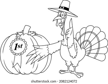 Outlined Thanksgiving Turkey Pilgrim Cartoon Characters Showing A First Prize Winning Pumpkin. Vector Hand Drawn Illustration Isolated On White Background