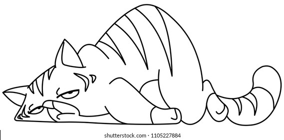 Outlined tired cat lying on front. Vector line art illustration coloring page.