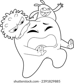 Outlined Tooth Cartoon Character Attacked By Germs. Vector Hand Drawn Illustration Isolated On Transparent Background