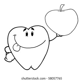 Outlined Tooth Cartoon Character Holding Up A Apple