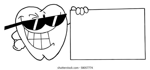 Outlined Tooth Character Presenting A Blank Sign