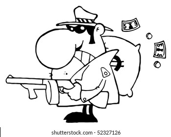 Outlined Tough Mobster Holding A Machine Gun And Money Sack