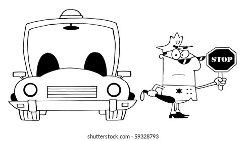 Outlined Traffic Police Officer With Car