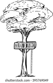 Outlined tree with treehouse platform and rope ladder over isolated white background