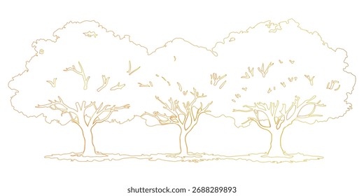 Árboles perfilados en fila, ramas desnudas, follaje denso. Ilustración de la Naturaleza, siluetas del árbol, diseño simple, fondo blanco, Arte vectorial.