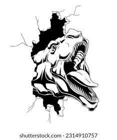 Outlined T-Rex Dinosaur Breaks The Wall Graphic Design. Vector Hand Drawn Illustration Isolated On White Background