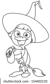 Outlined trick or treating witch girl