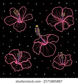 Outlined tropical hibiscus flowers. Vibrant pink hibiscus flowers outlined in neon style on a black background, accented with small colorful stars. Perfect for textile design, wallpapers, and digital 