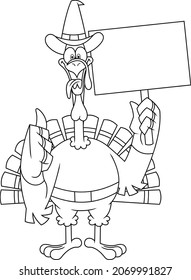 Outlined Turkey Bird Cartoon Characters Showing Thumbs Up And Holding A Blank Sign. Vector Hand Drawn Illustration Isolated On White Background