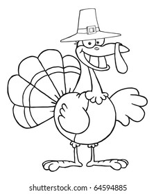Outlined Turkey Cartoon Character With Pilgrim Hat