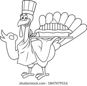 Outlined Turkey Chef Cartoon Character Holding Perfect Pie. Vector Illustration Isolated On White Background