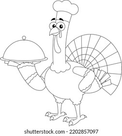 Outlined Turkey Chef Cartoon Character Serving Food In A Sliver Platter. Vector Hand Drawn Illustration Isolated On Transparent Background