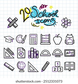 Paquete de veinte iconos escolares delineados en la Ilustración vectorial de papel de cuadrícula