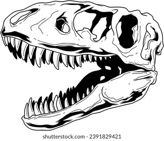 Outlined Tyrannosaurus Rex Dinosaur Skull Graphic Design. Vector Hand Drawn Illustration Isolated On Transparent Background