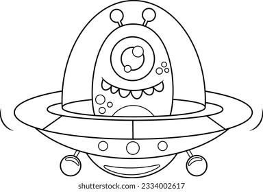 Outlined  Ufo Cute Alien Cartoon Character In A Flying Saucer. Vector Hand Drawn Illustration Isolated On Transparent Background