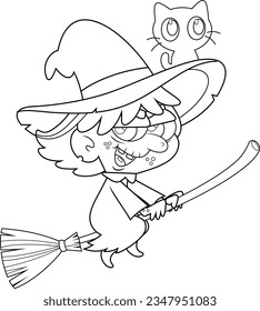 Outlined Ugly Halloween Witch Cartoon Character Flying On A Broom Stick And The Black Cat In The Hat. Vector Hand Drawn Illustration Isolated On Transparent Background