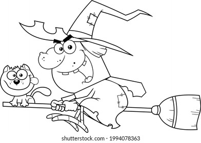 Outlined Ugly Witch And Cat Flying On A Broom Stick Cartoon Characters. Vector Hand Drawn Illustration Isolated On Transparent Background