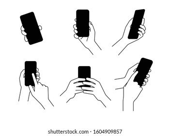 Outlined unisex hand illustrations holding, pointing, using touch screen, showing the screen of large sized new modern phones