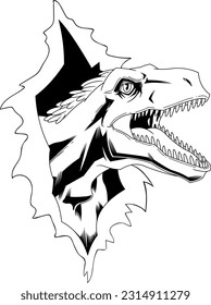 Outlined Utahraptor Dinosaur Breaks The Paper Graphic Design. Vector Hand Drawn Illustration Isolated On Transparent Background