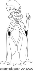 Outlined Vampire Queen Cartoon Character Holding A Glass Of Blood. Vector Hand Drawn Illustration Isolated On Transparent Background