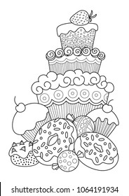 Outlined vector doodle anti-stress coloring book page sweets. For adults and children