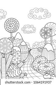 Outlined vector doodle anti-stress coloring book page sweet forest. For adults and children