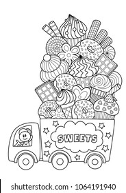 Outlined vector doodle anti-stress coloring book page truck with sweets. For adults and children