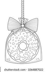 Outlined vector doodle anti-stress coloring book page sweet donut in package with bow. For adults and children