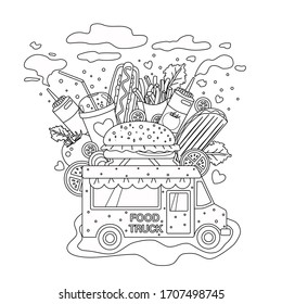 Outlined Vector Doodle Anti-stress Coloring Book Page Fast Food Truck . For Adults And Children. Isolated Objects.