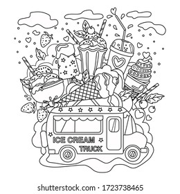 Outlined vector Doodle anti-stress coloring book page ice cream truck. For adults and children. Objects are isolated.