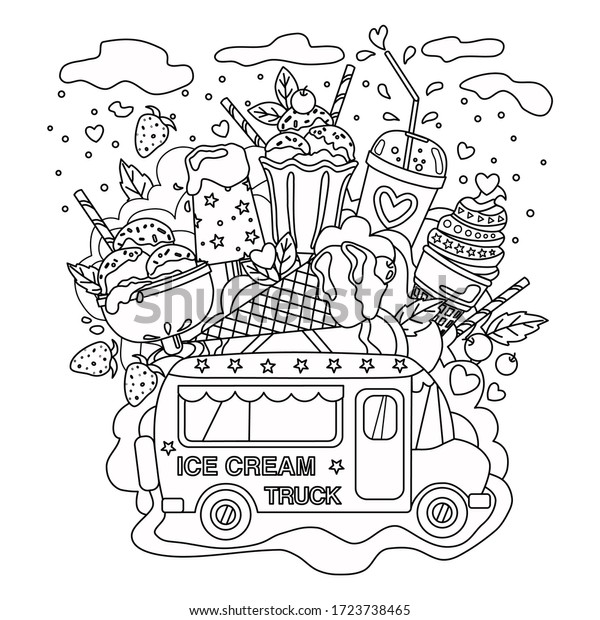 Outlined\
vector Doodle anti-stress coloring book page ice cream truck. For\
adults and children. Objects are\
isolated.