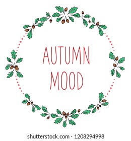 Outlined vector hand-drawn Autumn wreath with oak leaves and acorns