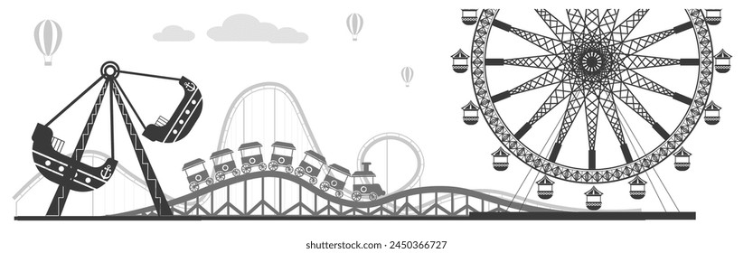 An outlined vector illustration of an amusement park with detailed attractions in the evening ambiance, including a grand Ferris wheel and roller coasters with a twilight sky.