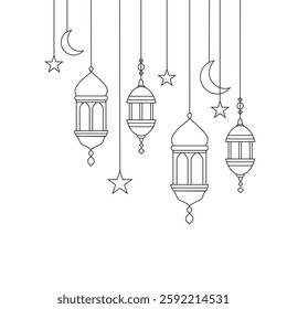 Outlined Vector illustration of Arabic lantern ornament. Suitable for design element of Ramadan Kareem greeting template. Ramadan Kareem theme background template