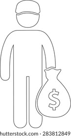 An outlined vector illustration depicting a robber character holding a sack of cash, representing a theft or robbery concept in a clean graphic style.