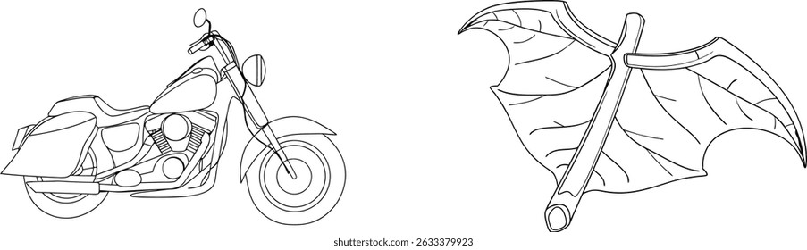 Outlined vector illustration featuring a motorcycle and a leaf wing conceptual design elements