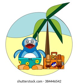 outlined vector illustration of a funny penguin in hawaiian trunks with swimming mask,  with suitcase next to it