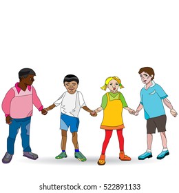 outlined vector illustration of a group of young kids of different sex and nationalities