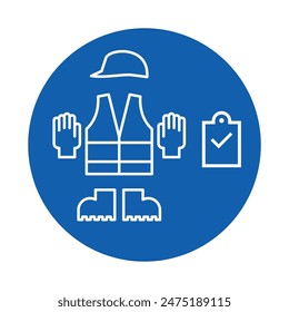 Outlined vector illustration of personal protective equipment inspection for safety. Icon, symbol and signage of helmet, shoes, gloves, and vest checking item.