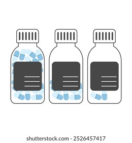 Outlined vector illustration of pill bottles with blue capsules inside on a white background