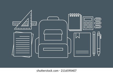 Outlined vector illustration of school equipment. Suitable for design element of school advertising, educational program, and back to school illustration.